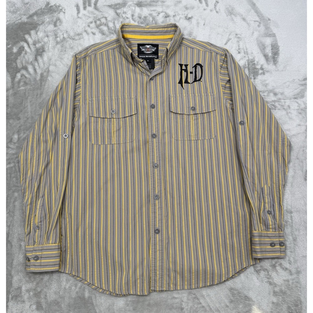 Harley Davidson Shirt Mens Medium Gray Yellow Striped Button Down Mechanic Biker